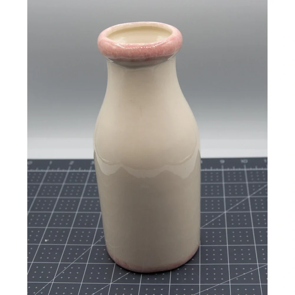 Claudy‎ Ceramic Milk Bottle Vase Cream Pink Heart Farmhouse Decor 7.5 Inch